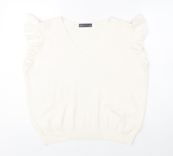Marks and Spencer Women Ivory Sleeveless V-Neck Ruffle Knit Jumper L