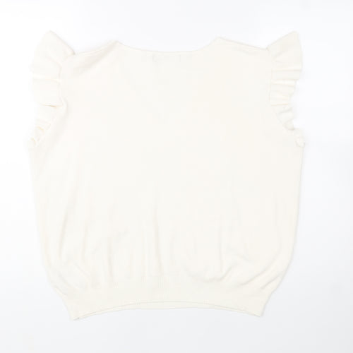 Marks and Spencer Women Ivory Sleeveless V-Neck Ruffle Knit Jumper L