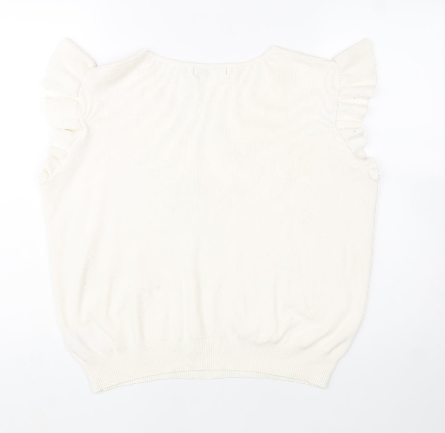 Marks and Spencer Women Ivory Sleeveless V-Neck Ruffle Knit Jumper L
