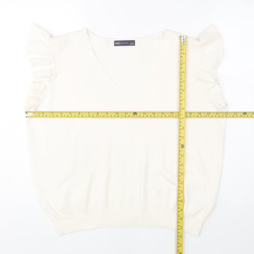 Marks and Spencer Women Ivory Sleeveless V-Neck Ruffle Knit Jumper L