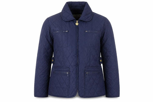 Front view of Champion Women's Blue Quilted Mid-Length Jacket, size 12