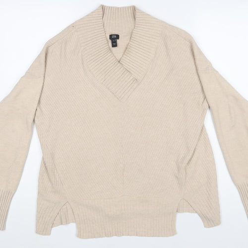River Island Womens Beige V-Neck Long Sleeve Ribbed Knit Jumper Size S