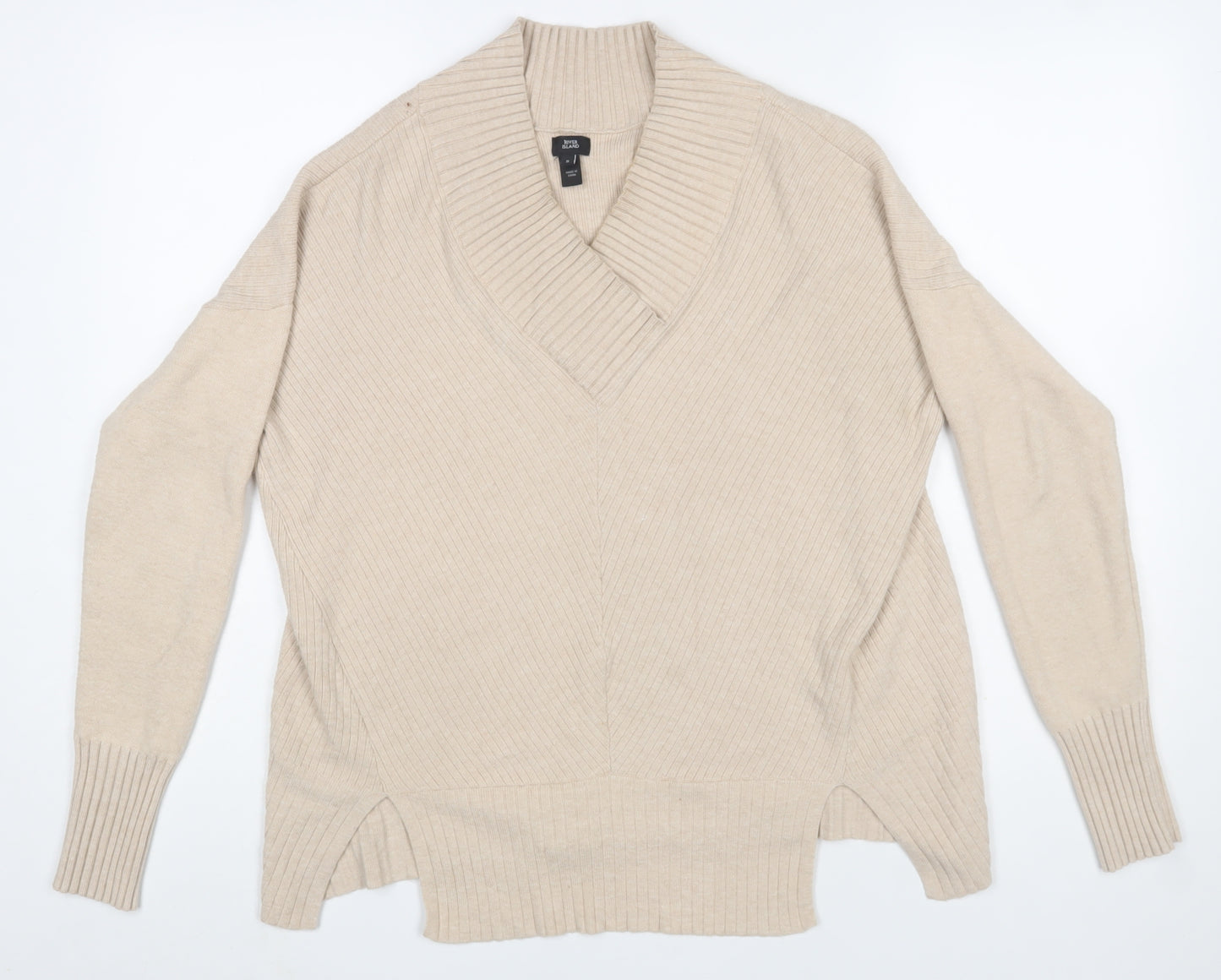 River Island Womens Beige V-Neck Long Sleeve Ribbed Knit Jumper Size S