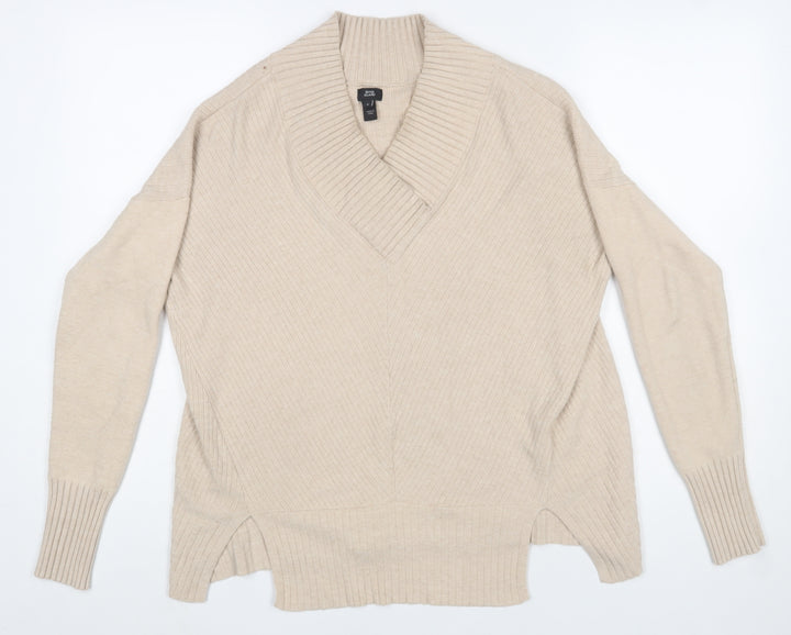 River Island Womens Beige V-Neck Long Sleeve Ribbed Knit Jumper Size S