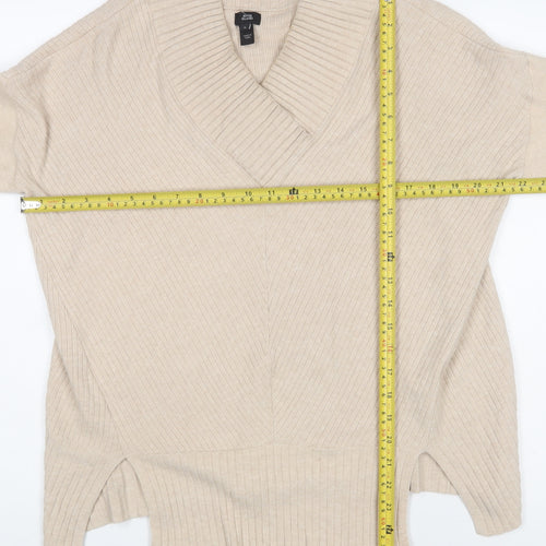 River Island Womens Beige V-Neck Long Sleeve Ribbed Knit Jumper Size S