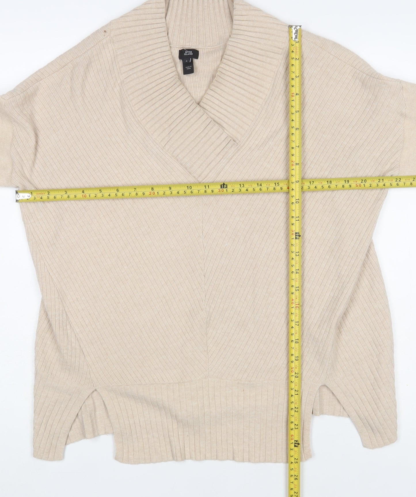 River Island Womens Beige V-Neck Long Sleeve Ribbed Knit Jumper Size S