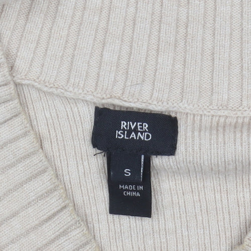 River Island Womens Beige V-Neck Long Sleeve Ribbed Knit Jumper Size S