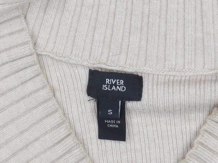 River Island Womens Beige V-Neck Long Sleeve Ribbed Knit Jumper Size S