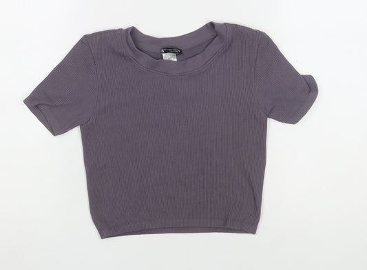 ZARA Women Purple Ribbed Short Sleeve Basic Knit T-Shirt Size L