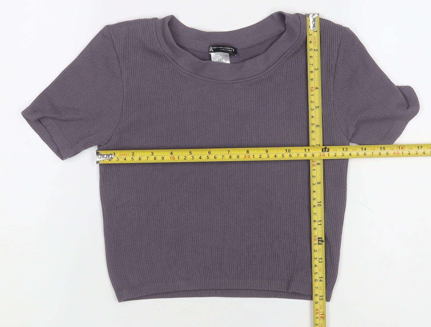 ZARA Women Purple Ribbed Short Sleeve Basic Knit T-Shirt Size L