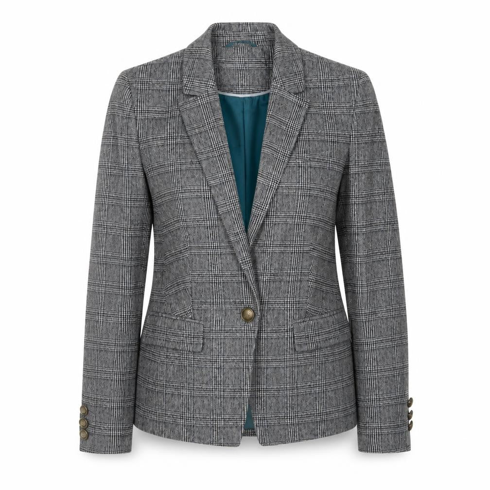 Front view of Marks & Spencer Women’s Grey Check Blazer, size UK 8, Classic Tailored Jacket