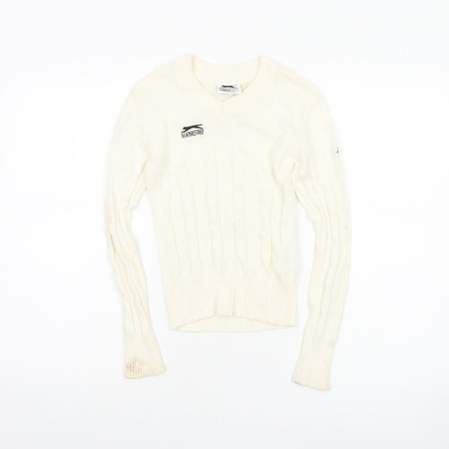 Slazenger Boys Ivory Cable-Knit V-Neck Jumper 7-8 Years Cotton