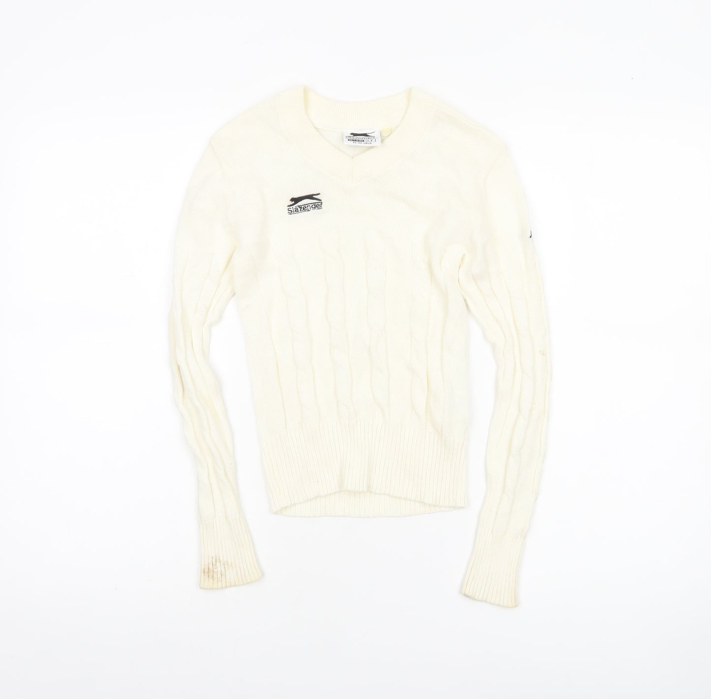 Slazenger Boys Ivory Cable-Knit V-Neck Jumper 7-8 Years Cotton