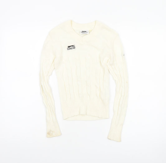 Slazenger Boys Ivory Cable-Knit V-Neck Jumper 7-8 Years Cotton