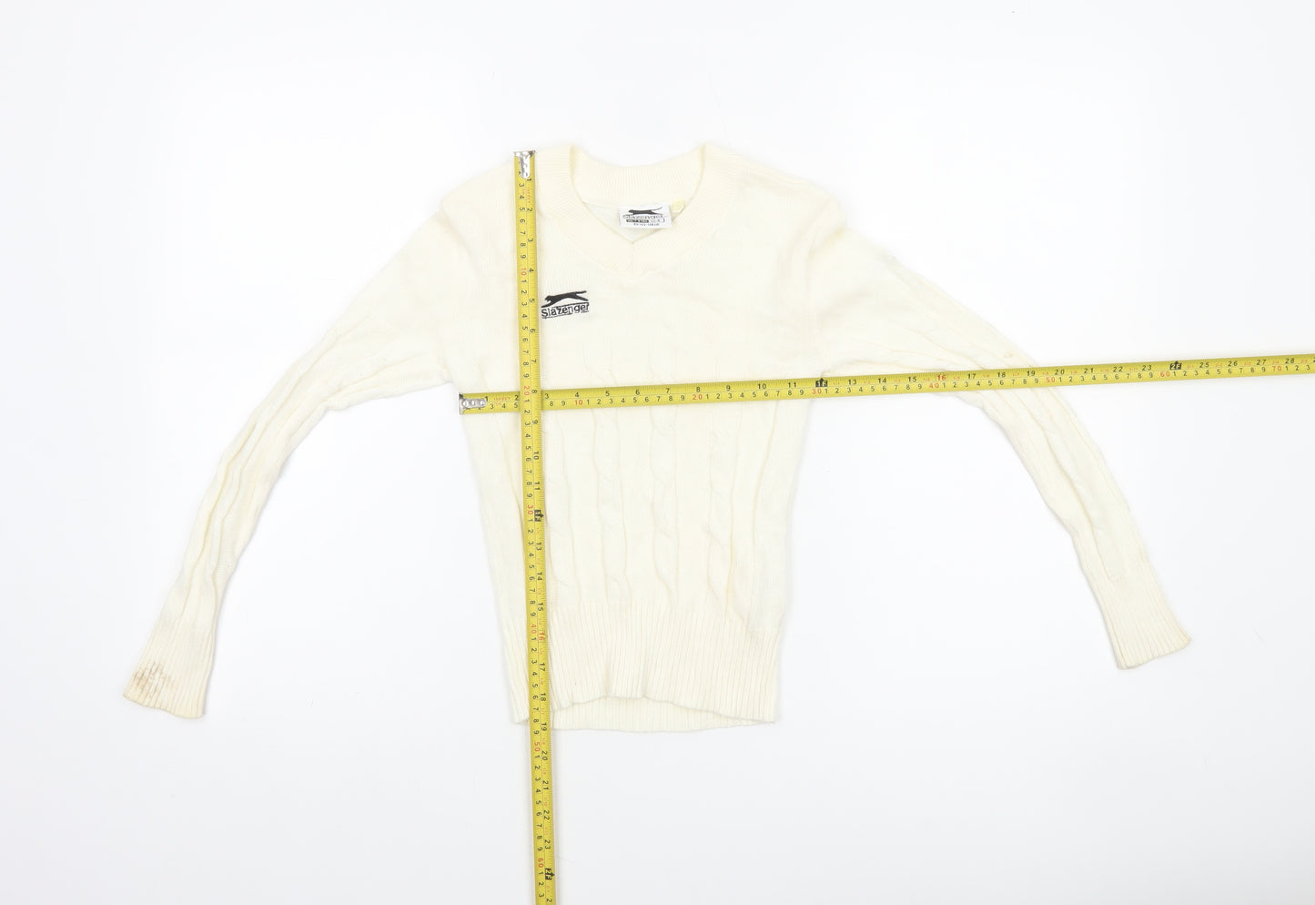 Slazenger Boys Ivory Cable-Knit V-Neck Jumper 7-8 Years Cotton