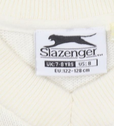 Slazenger Boys Ivory Cable-Knit V-Neck Jumper 7-8 Years Cotton