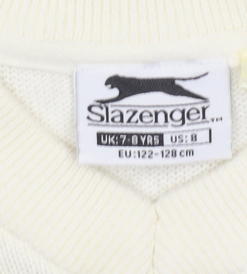 Slazenger Boys Ivory Cable-Knit V-Neck Jumper 7-8 Years Cotton