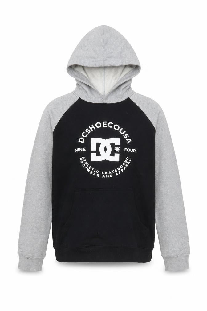 Front view of DC Shoes boys’ black grey pullover hoodie, size 14, cotton skate logo