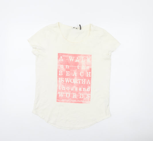 FatFace Womens Ivory Cotton Beach Print T-Shirt Size 12