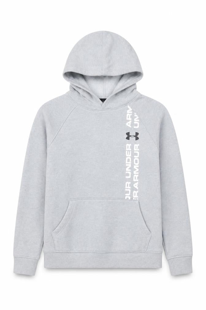 Front view of Under Armour boys’ grey pullover hoodie, size M, coldgear fleece