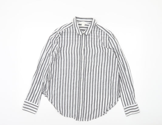 H&M Women Grey Striped Cotton Button-Up Shirt Size 10