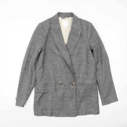 H&M Women Grey Checked Double-Breasted Blazer XS UK 6 Classic Wool Look