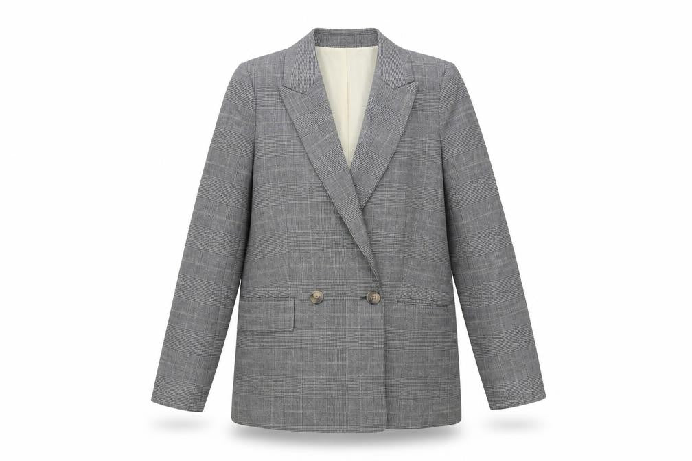 H&M Women Grey Checked Double-Breasted Blazer XS UK 6 Classic Wool Look