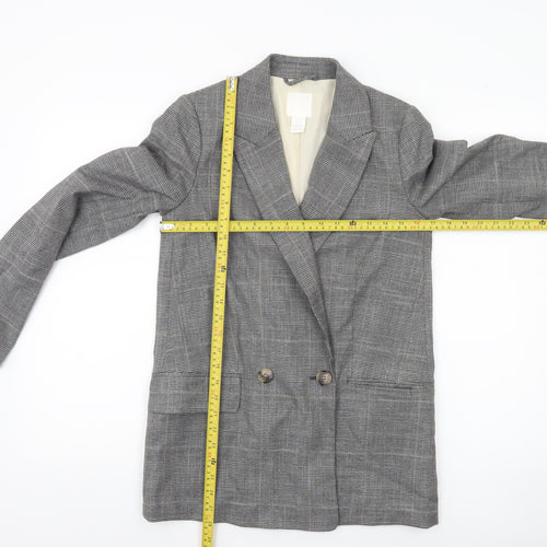 H&M Women Grey Checked Double-Breasted Blazer XS UK 6 Classic Wool Look
