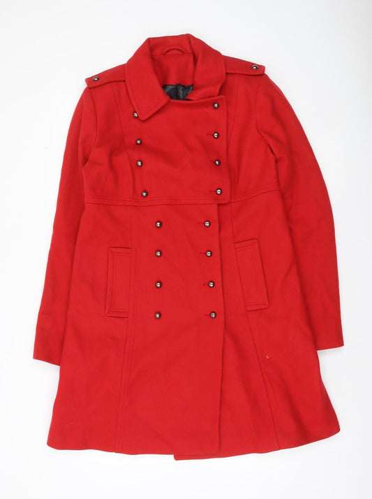 Topshop Women Red Wool Blend Military Coat Size 16 Long Double-Breasted