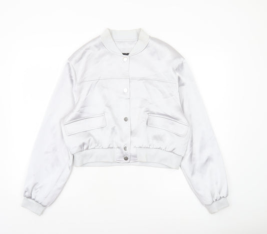 River Island Women’s Silver Bomber Jacket Size 12 Cropped Satin