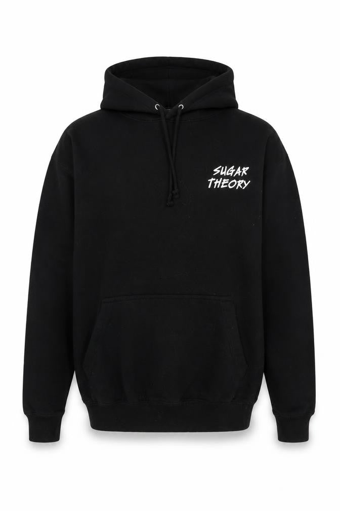 Front view of Sugar Theory Men’s Black Pullover Hoodie, size S, Skeleton Graphic