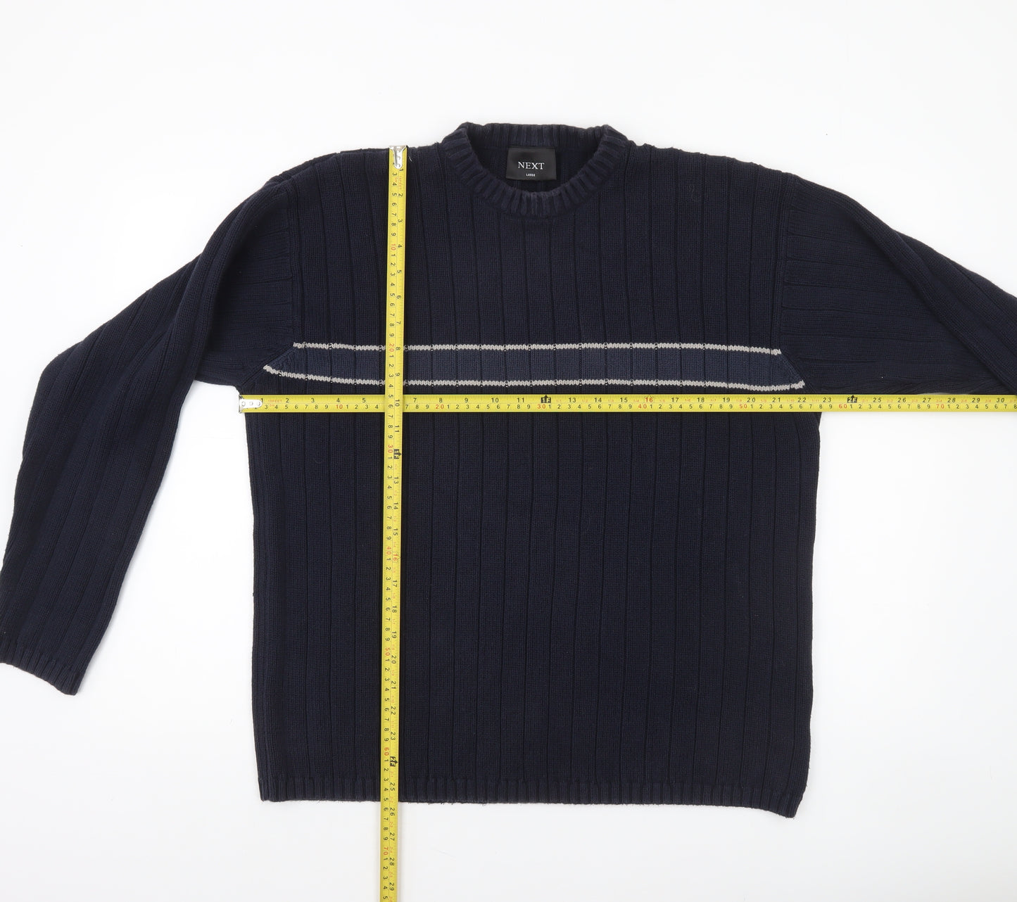 Next Mens Blue Cotton Ribbed Crew Neck Jumper Size L