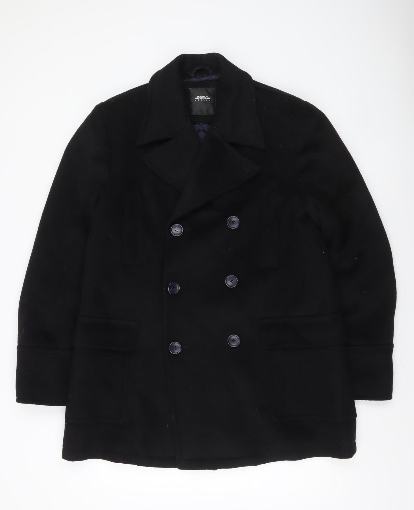 Burton Menswear London Men's Black Wool Blend Pea Coat L