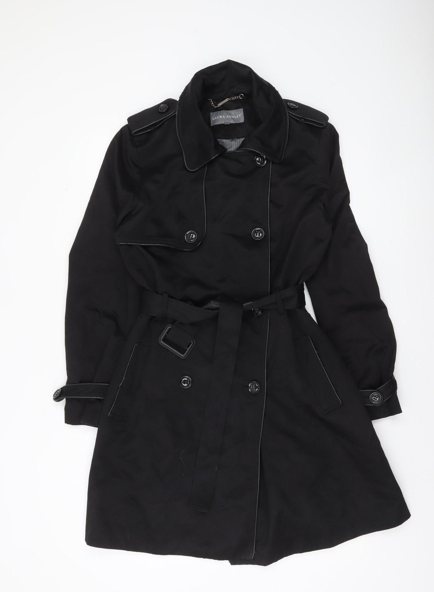 Laura Ashley Women's Black Trench Coat Size 12 Belted Mid-Length Classic Style