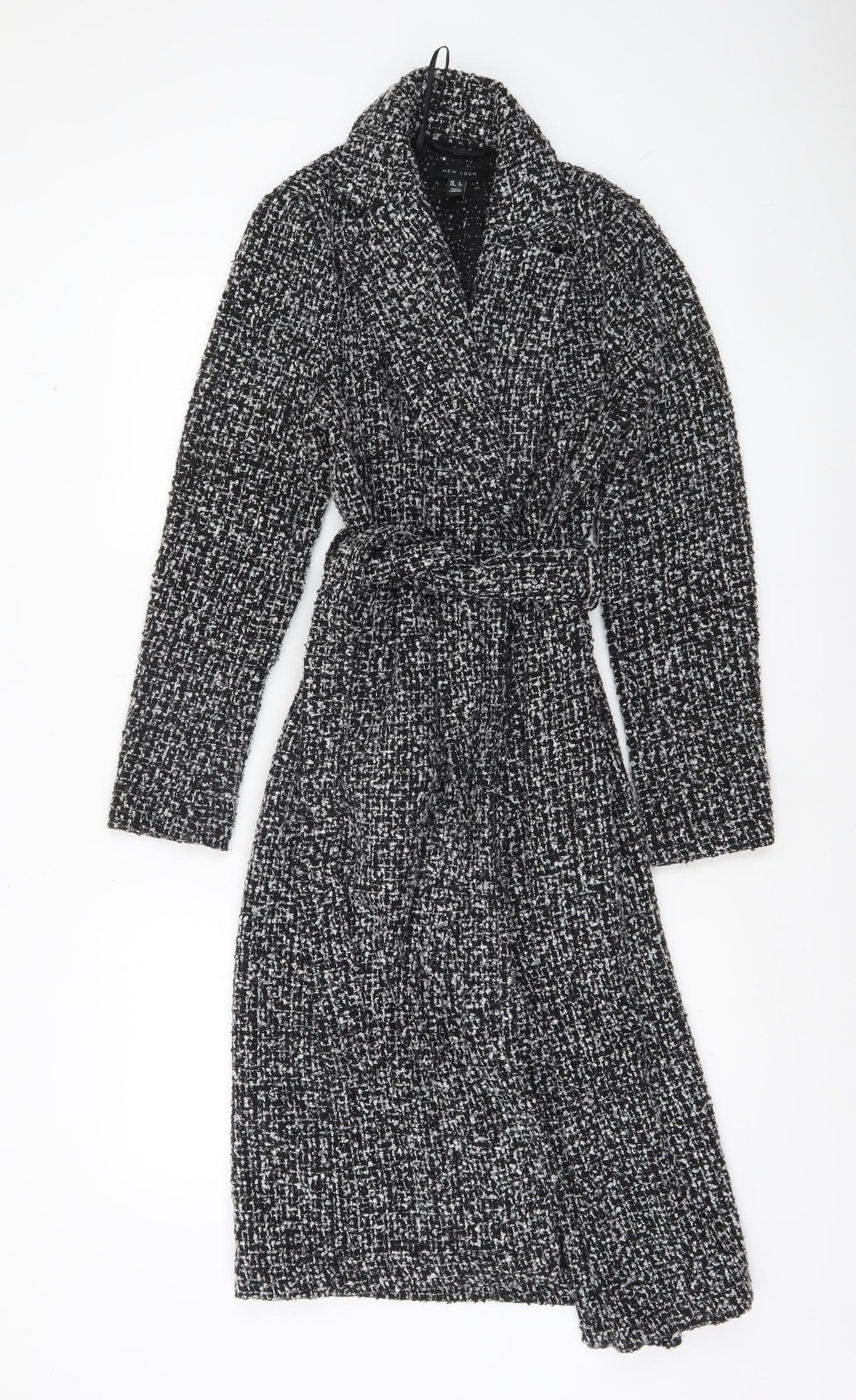 New Look Women’s Black Tweed Belted Long Wool Blend Coat Size 6