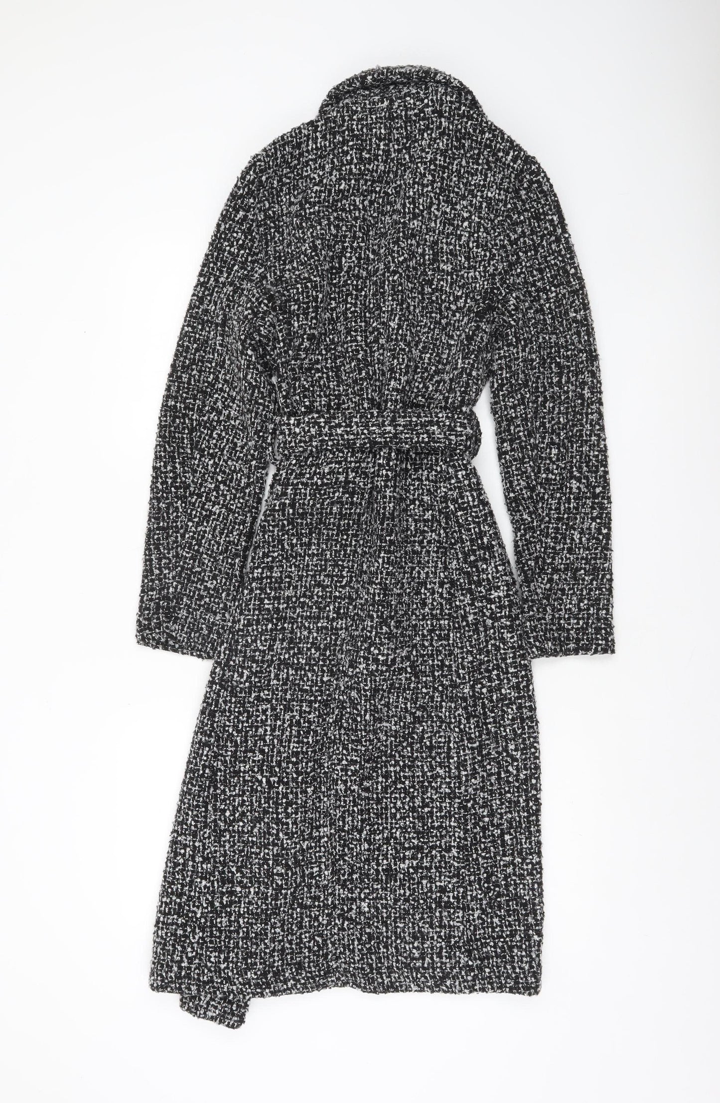 New Look Women’s Black Tweed Belted Long Wool Blend Coat Size 6