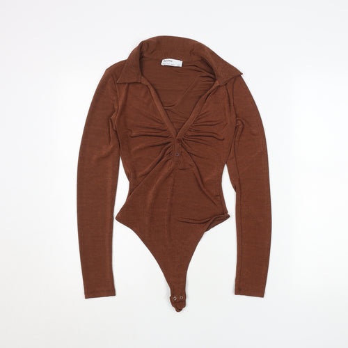 Bershka Women Brown Long Sleeve Collared Bodysuit Size 8