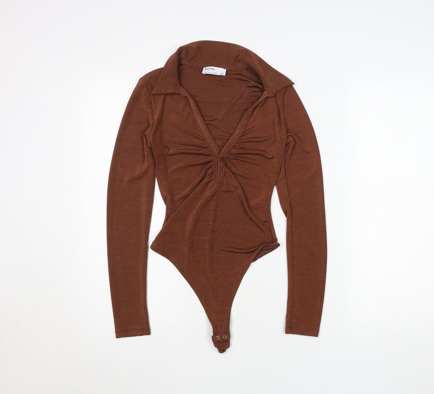 Bershka Women Brown Long Sleeve Collared Bodysuit Size 8