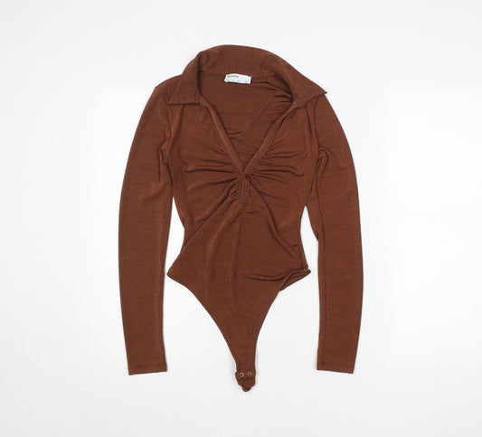 Bershka Women Brown Long Sleeve Collared Bodysuit Size 8