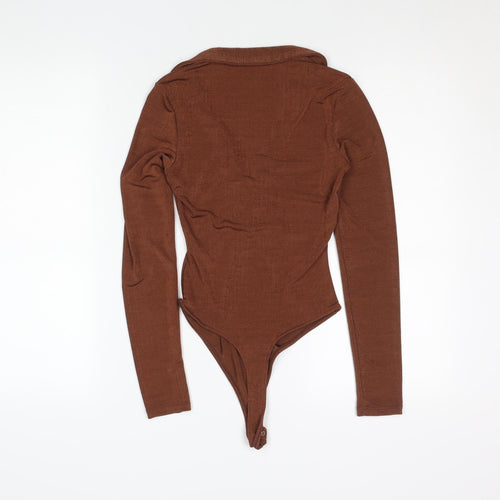 Bershka Women Brown Long Sleeve Collared Bodysuit Size 8