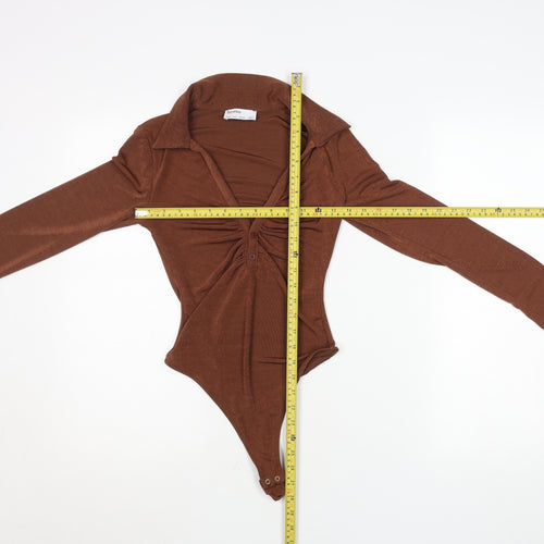 Bershka Women Brown Long Sleeve Collared Bodysuit Size 8