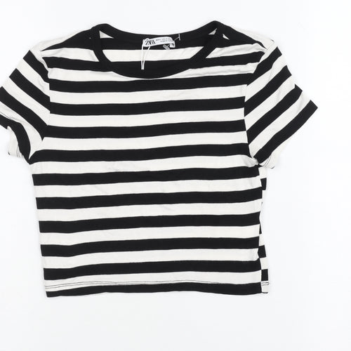 Zara Women Black White Striped Cropped T-Shirt M