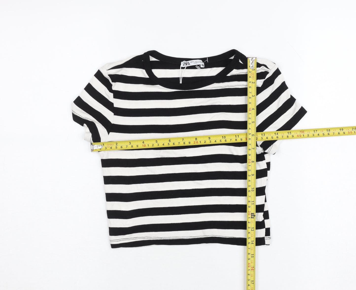 Zara Women Black White Striped Cropped T-Shirt M