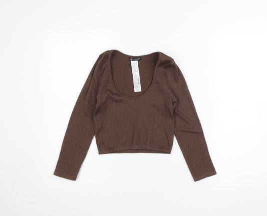 Bershka Women’s Brown Ribbed Cropped Long Sleeve Top XS