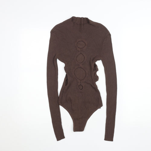 PrettyLittleThing Women Brown Long Sleeve Cut Out Ribbed Bodysuit Size S