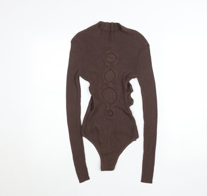 PrettyLittleThing Women Brown Long Sleeve Cut Out Ribbed Bodysuit Size S