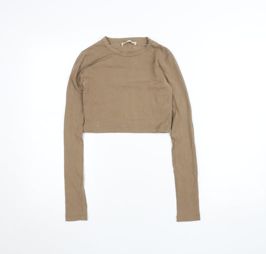 Pull & Bear Women's Brown Cropped Long Sleeve Cotton T-Shirt Size S