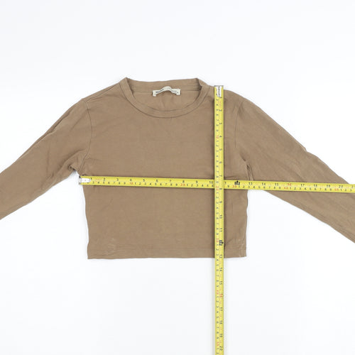 Pull & Bear Women's Brown Cropped Long Sleeve Cotton T-Shirt Size S