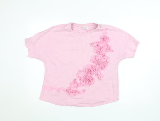 Savida Womens Light Pink Floral Ruffle Cotton T-Shirt M