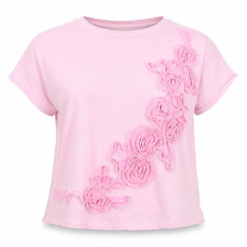 Savida Womens Light Pink Floral Ruffle Cotton T-Shirt M